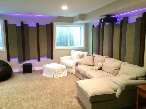 Basement theater features 4K, Acoustic panels, and LED lighting Boulder